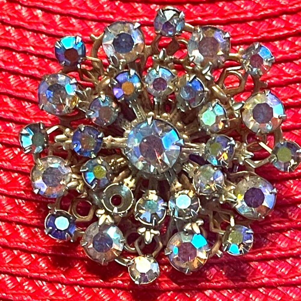Vintage Aurora Borealis Blue Rhinestone Round Brooch 1.5"